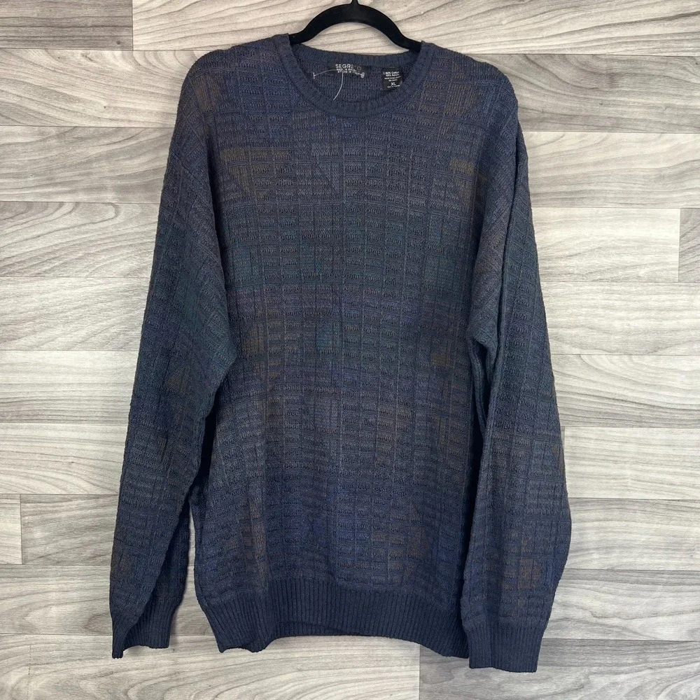Segreto Sweater Men's XL Navy Blue Cotton Knitted Long Sleeve Crew Neck Pullover